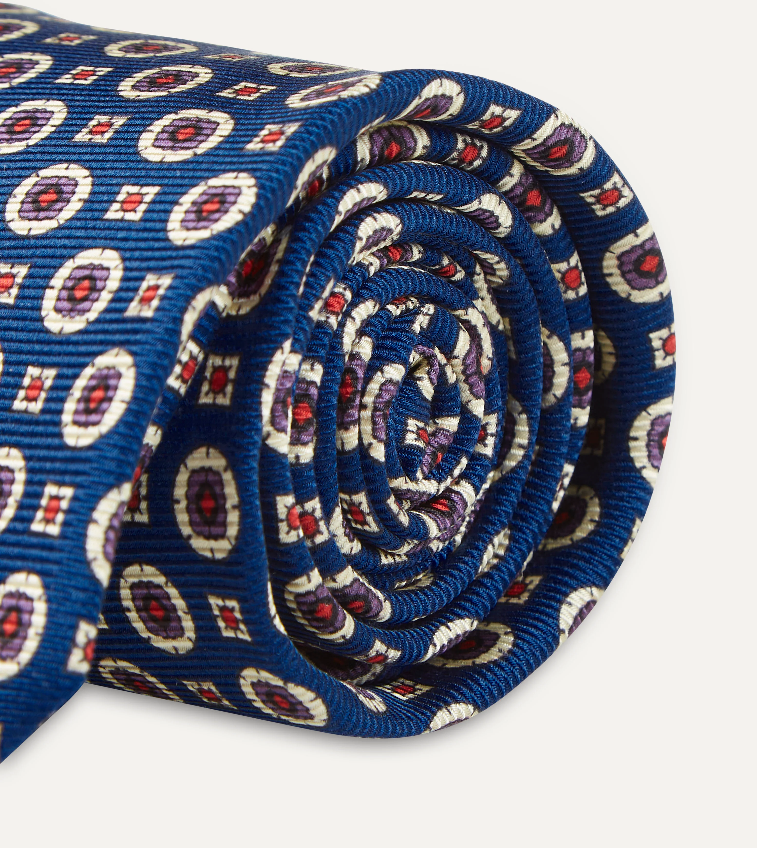 Blue and Red Geometric Medallion Print Silk Foulard Tie - Image 3