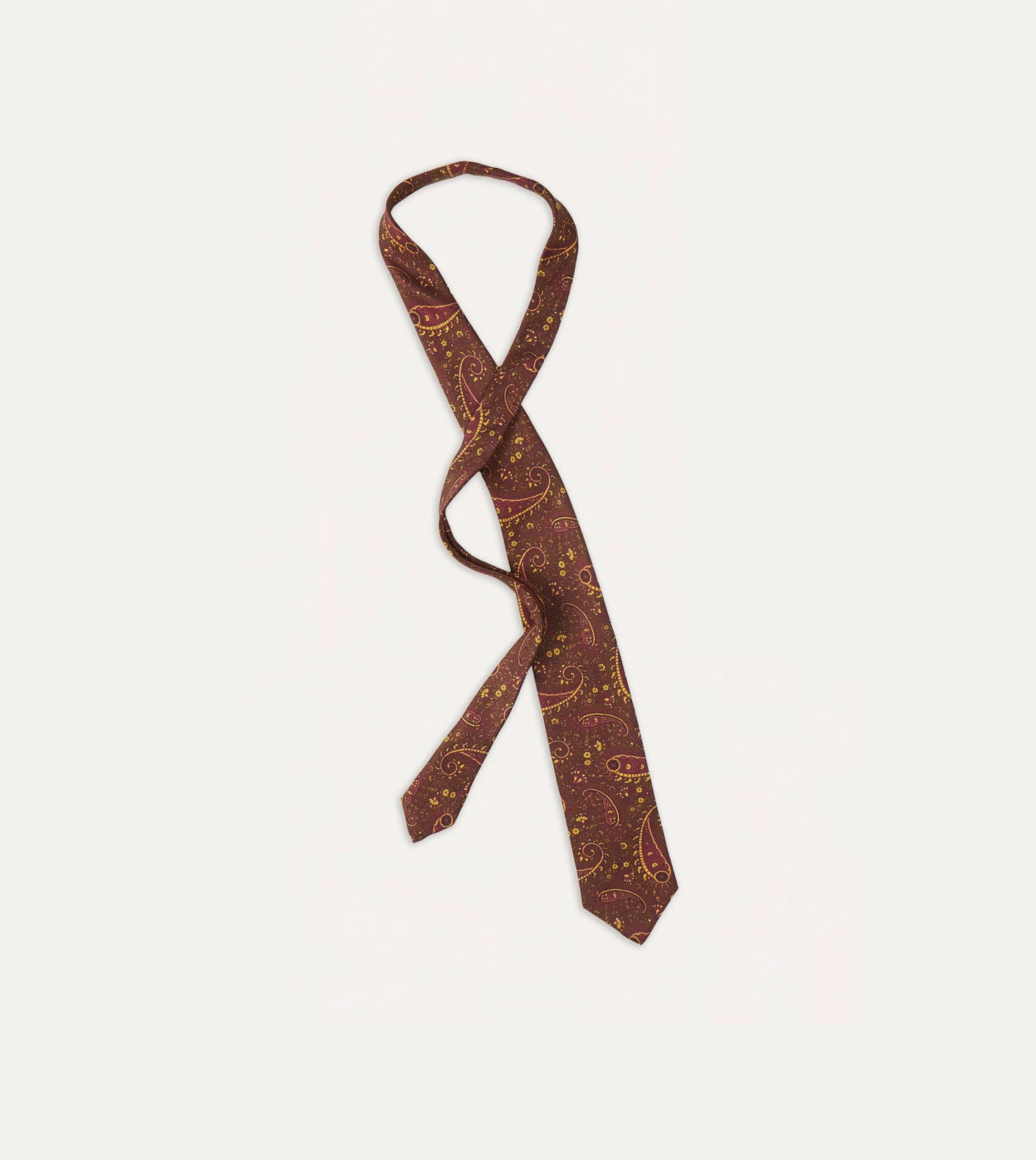Brown, Red and Yellow Paisley Print Madder Twill Silk Tie - Image 4