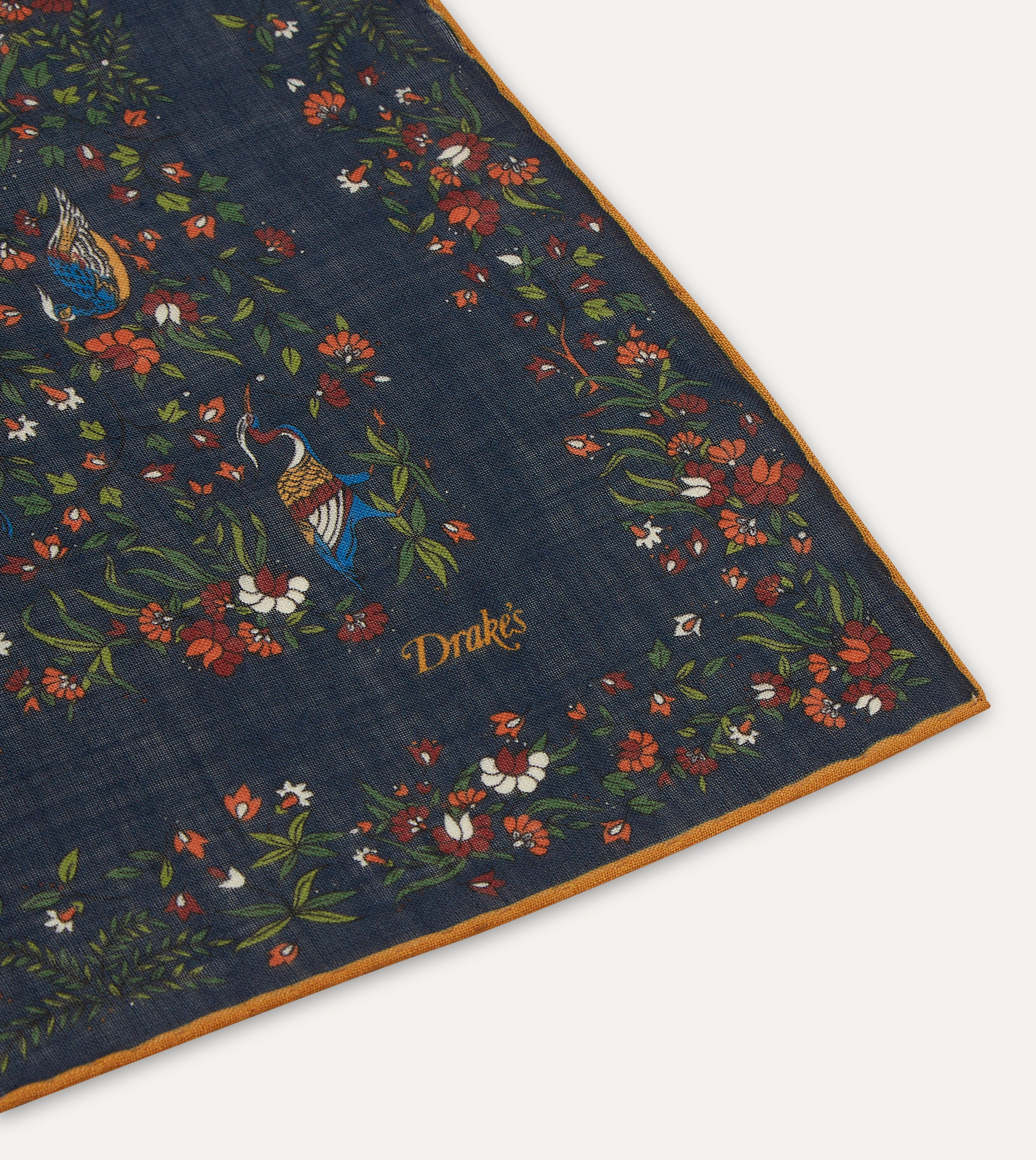 Navy Birds of Paradise Print Wool-Silk Square Scarf - Image 4